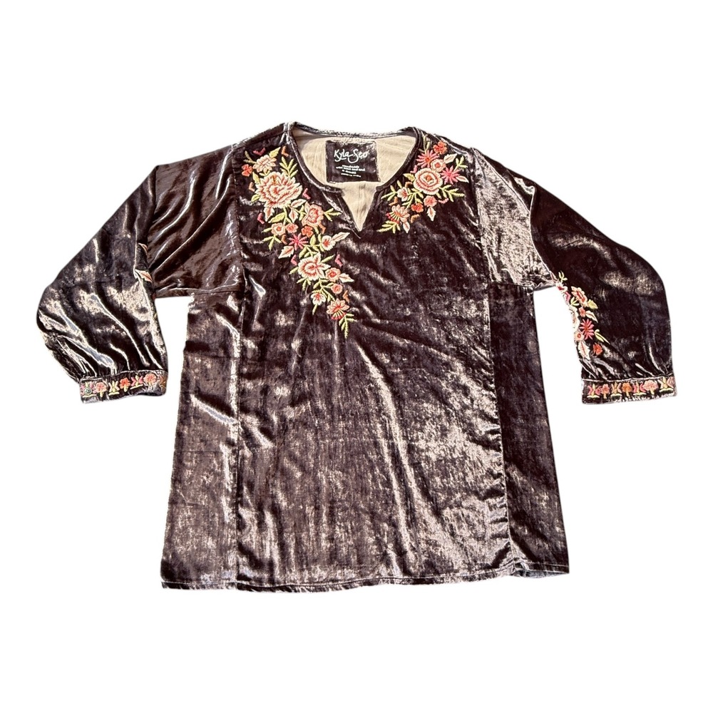 Kyla Seo Velvet Tunic Women XS Purple Gray Floral Embroidered  Long Sleeve Boho